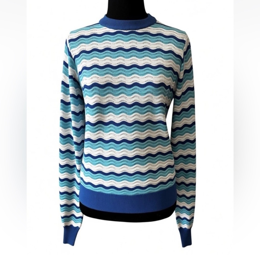 Blue Wave-Striped Crew Neck Sweater - Brand Unspecified - Picture 2 of 5